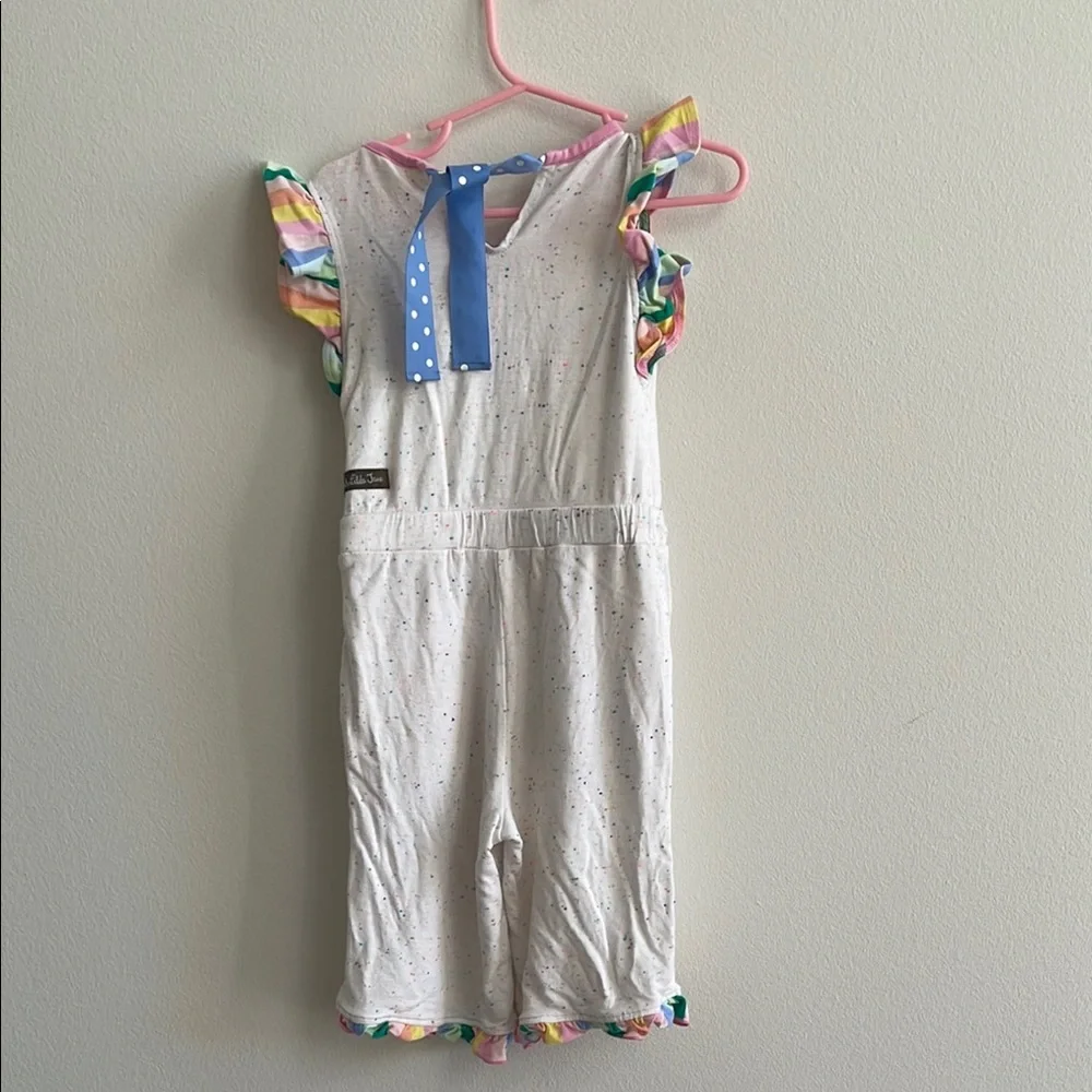 Matilda Jane Girls Speckled Rainbow Ruffle Jumpsuit Cream Size 2/4 Confetti Tie